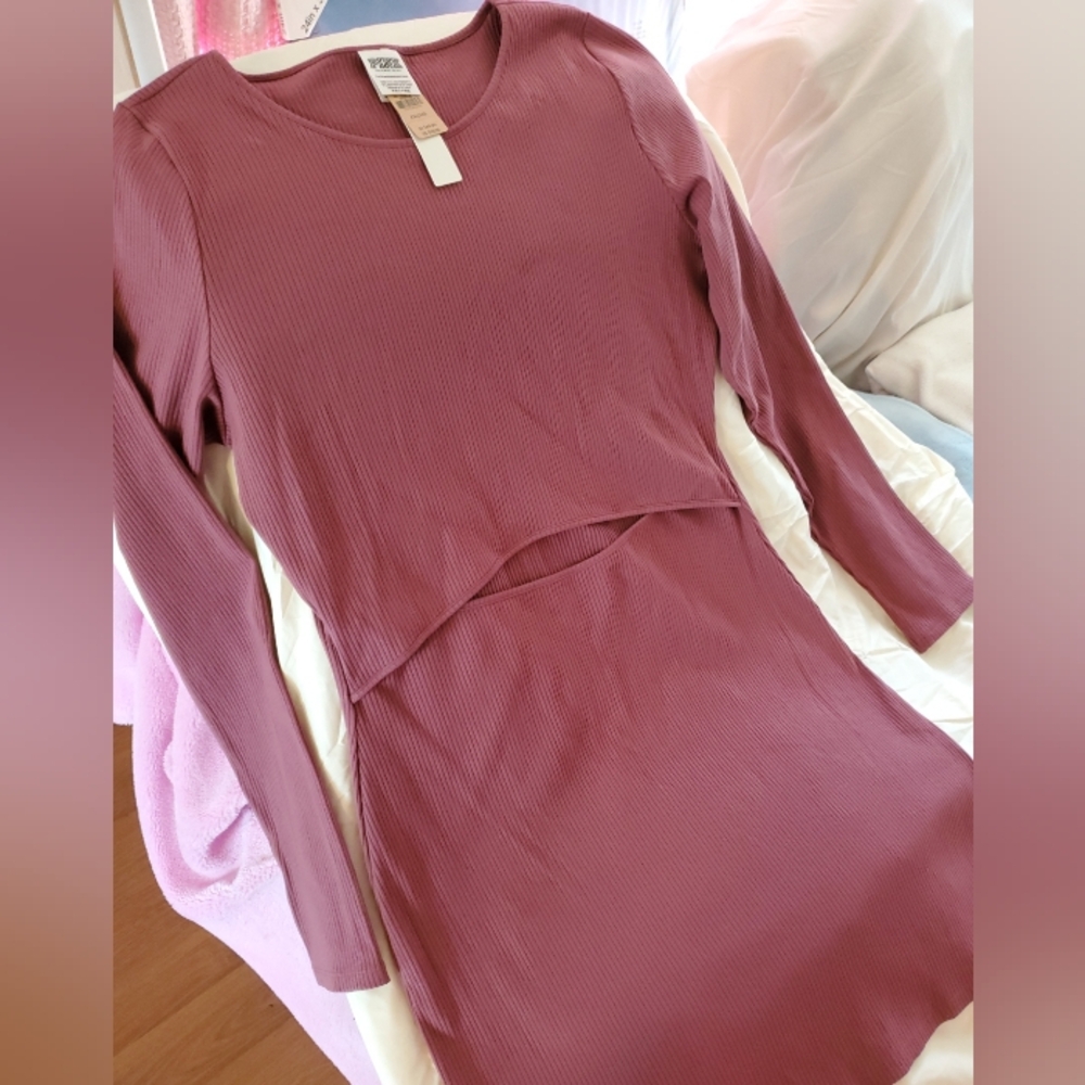 Victoria's secret pink sizeXXL long sleeve dress mauve ribbed Stretchy cutoutNWT